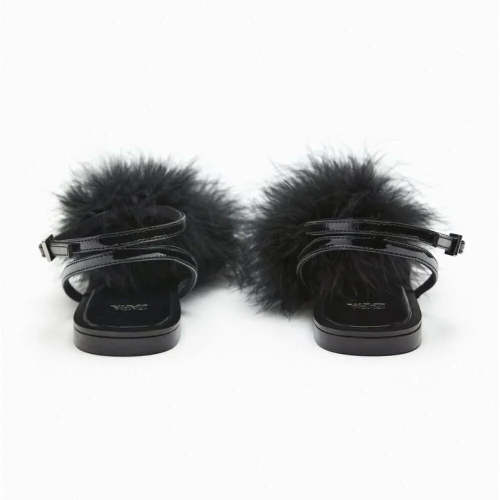 NWT Zara black feather accented flat strap up sandals, EU 36 - Picture 7 of 14